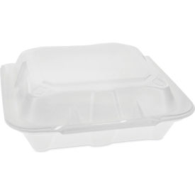 Pactiv Evergreen Vented Foam Hinged Lid Container Dual Tab Lock Economy 8.42x8.15x3 White 150/CT YTD18801ECON