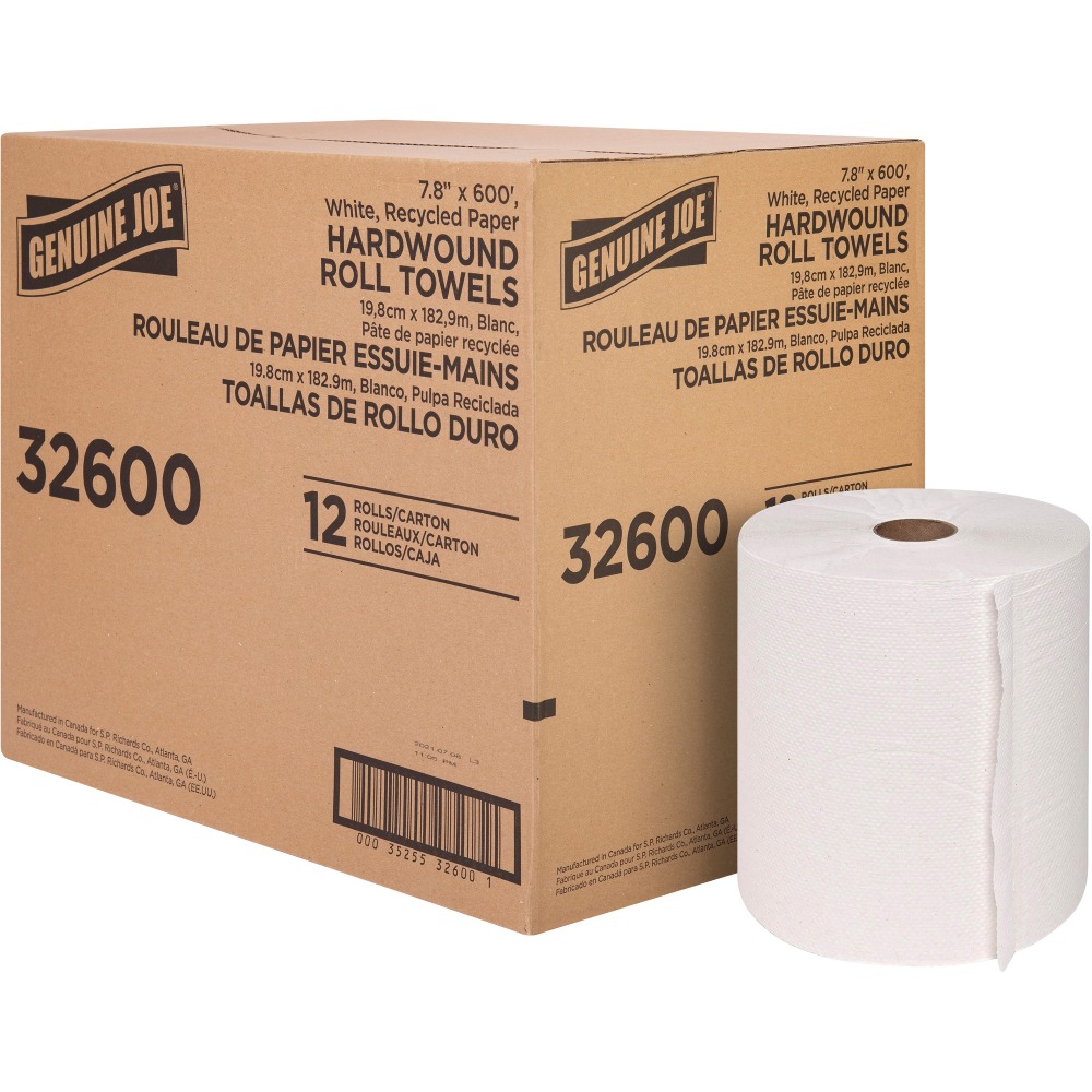 Genuine Joe Hardwound Roll Paper Towels - 7.80in x 600 ft - 2in Core - White - Paper - 12 / Carton (Min Order Qty 2) MPN:32600