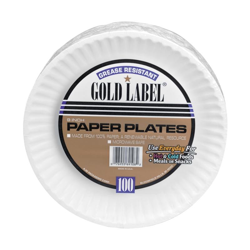 AJM Premium Gold Label Coated Paper Plates, 9in Diameter, White, Pack Of 100 (Min Order Qty 8) MPN:CP9GOAWH