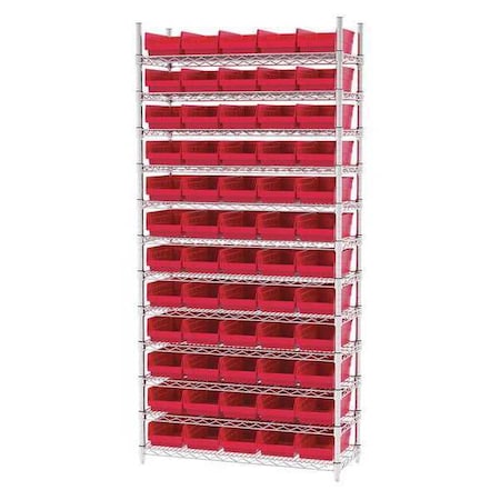Steel Wire Bin Shelving, 36 in W x 74 in H x 14 in D, 12 Shelves, Silver/Red MPN:AWS143630130R