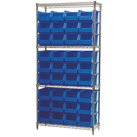 Steel Wire Bin Shelving, 36 in W x 74 in H x 14 in D, 4 Shelves, Silver/Blue MPN:AWS143630240B