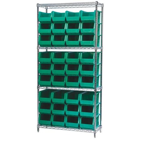 Steel Wire Bin Shelving, 36 in W x 74 in H x 14 in D, 4 Shelves, Silver/Green MPN:AWS143630240G