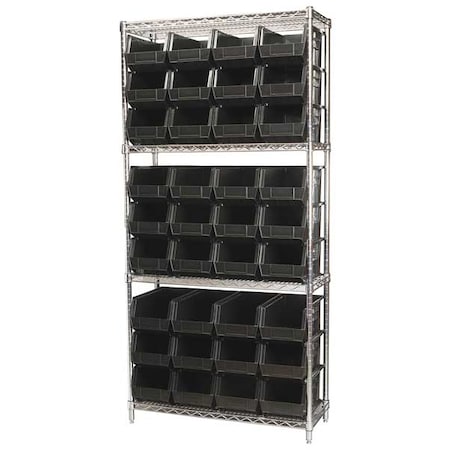Steel Wire Bin Shelving, 36 in W x 74 in H x 14 in D, 4 Shelves, Silver/Black MPN:AWS143630240K