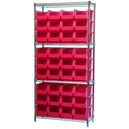 Steel Wire Bin Shelving, 36 in W x 74 in H x 14 in D, 4 Shelves, Silver/Red MPN:AWS143630240R