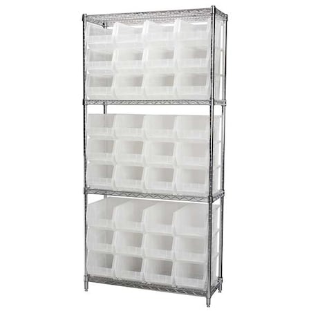 Steel Wire Bin Shelving, 36 in W x 74 in H x 14 in D, 4 Shelves, Silver/Clear MPN:AWS143630240SC