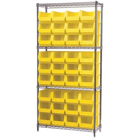 Steel Wire Bin Shelving, 36 in W x 74 in H x 14 in D, 4 Shelves, Silver/Yellow MPN:AWS143630240Y