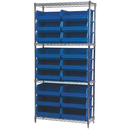 Steel Wire Bin Shelving, 36 in W x 74 in H x 14 in D, 4 Shelves, Silver/Blue MPN:AWS143630250B