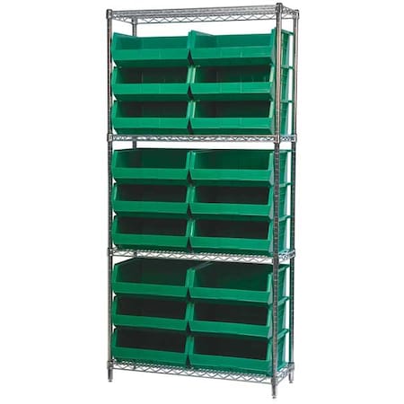 Steel Wire Bin Shelving, 36 in W x 74 in H x 14 in D, 4 Shelves, Silver/Green MPN:AWS143630250G