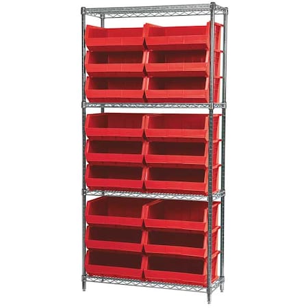 Steel Wire Bin Shelving, 36 in W x 74 in H x 14 in D, 4 Shelves, Silver/Red MPN:AWS143630250R