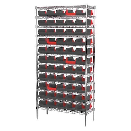 Steel Wire Bin Shelving, 36 in W x 74 in H x 14 in D, 12 Shelves, Silver/Black/Red MPN:AWS143636462BK