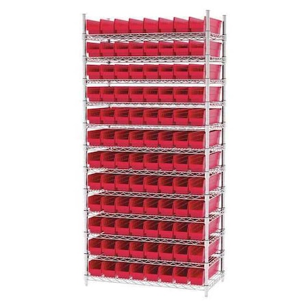 Steel Wire Bin Shelving, 36 in W x 74 in H x 18 in D, 12 Shelves, Silver/Red MPN:AWS183630128R