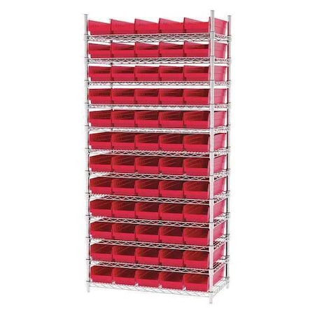 Steel Wire Bin Shelving, 36 in W x 74 in H x 18 in D, 12 Shelves, Silver/Red MPN:AWS183630138R