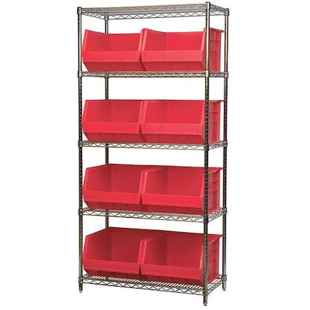 Steel Wire Bin Shelving, 36 in W x 74 in H x 18 in D, 5 Shelves, Silver/Red MPN:AWS183630270R