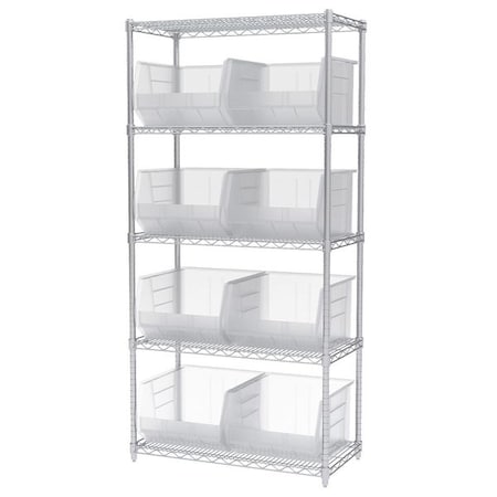Steel Wire Bin Shelving, 36 in W x 74 in H x 18 in D, 5 Shelves, Silver/Clear MPN:AWS183630270SC