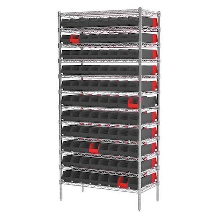 Steel Wire Bin Shelving, 36 in W x 74 in H x 18 in D, 12 Shelves, Silver/Black/Red MPN:AWS183636448BK