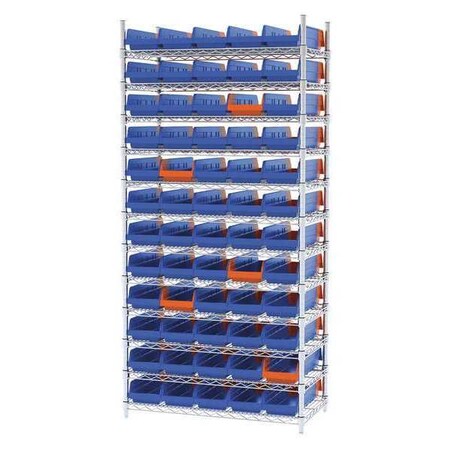 Steel Wire Bin Shelving, 36 in W x 74 in H x 18 in D, 12 Shelves, Silver/Blue/Orange MPN:AWS183636468B
