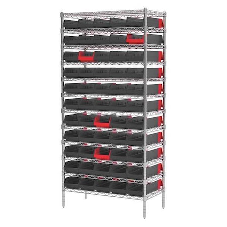 Steel Wire Bin Shelving, 36 in W x 74 in H x 18 in D, 12 Shelves, Silver/Black/Red MPN:AWS183636468BK