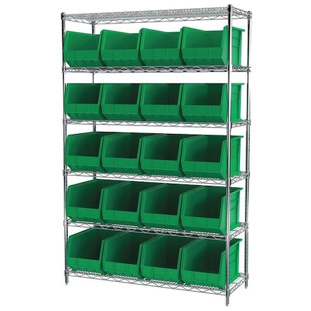 Steel Wire Bin Shelving, 48 in W x 74 in H x 18 in D, 6 Shelves, Silver/Green MPN:AWS184830260G