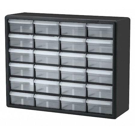 Drawer Bin Cabinet W/ 24 Drawers, Polystyrene, 20 in W x 15-3/4 in H x 6-1/2 in D, Black/Clear MPN:10124