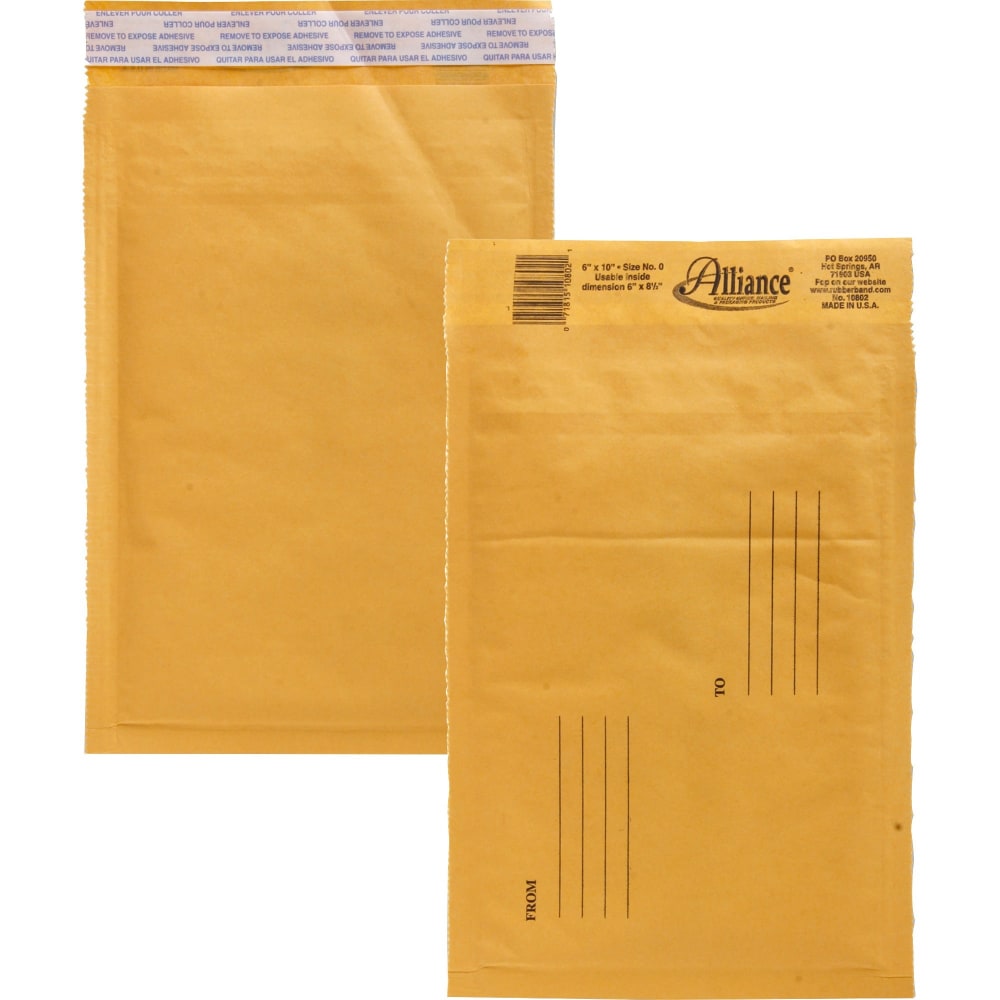 Alliance Rubber Kraft Bubble Mailers - Bubble - #0 - 6in Width x 10in Length - Peel & Seal - Kraft - Paper - 25 / Carton MPN:10802