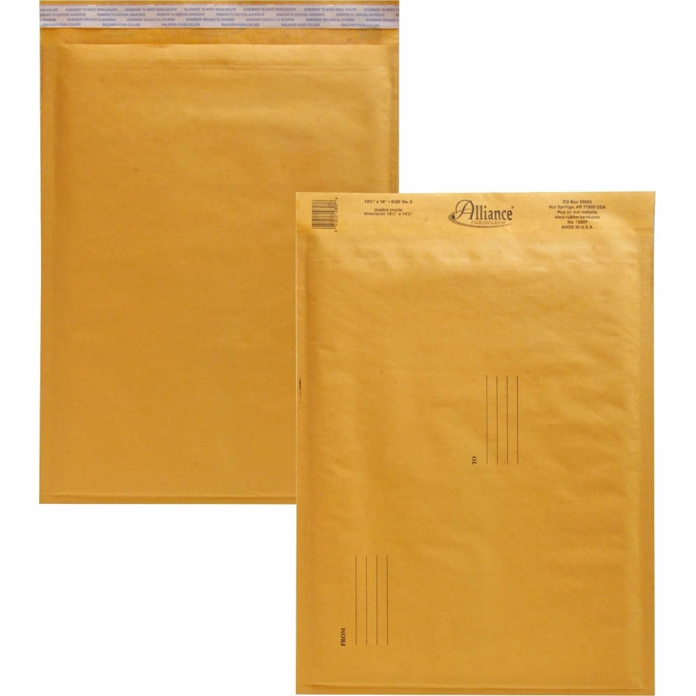 Alliance Rubber Kraft Bubble Mailers - Bubble - #5 - 10 1/2in Width x 16in Length - Peel & Seal - Kraft - Paper - 25 / Carton MPN:10807