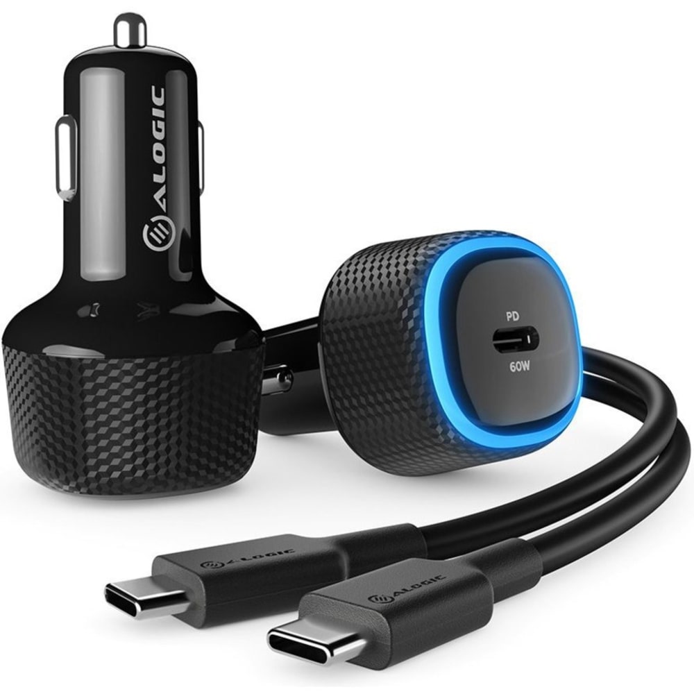 Alogic 60W car charger USB-C ports fast charging for laptops, tablets, and smartphones with 1m cable, CRC60 MPN:CRC60