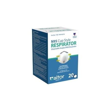 Surgical Respirator, N95, Cup Shape, Adjustable Nose Pads, Dual Headstraps, Nose Clip, L, PK 20 MPN:62210
