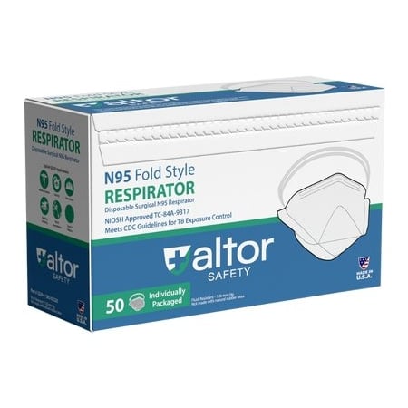 Surgical Respirator, N95, Flat-Fold, Dual Non-Adj. Headstraps, Molded Nose Clip, Universal, PK 50 MPN:62220