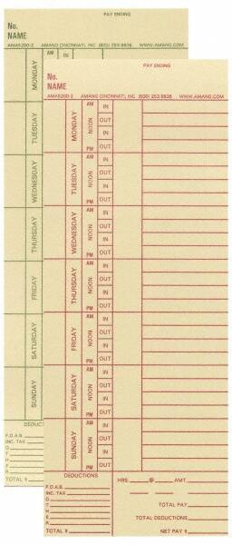 Time Cards & Time Clock Accessories; For Use With: Amano PIX & TCX Series Time Clocks ; Color: Manila ; Records: Bi-Weekly ; UNSPSC Code: 44103200 MPN:AMA5200-2 - Pkg Qty 1000