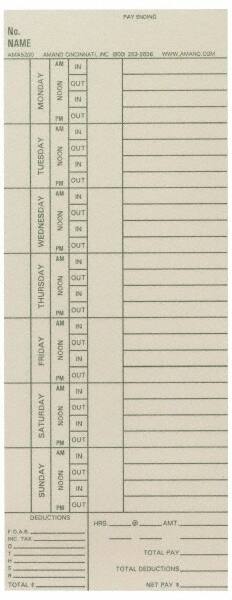 Time Cards & Time Clock Accessories; For Use With: Amano PIX & TCX Series Time Clocks ; Color: Manila ; Records: Weekly Time ; UNSPSC Code: 44103200 MPN:AMA5200 - Pkg Qty 1000