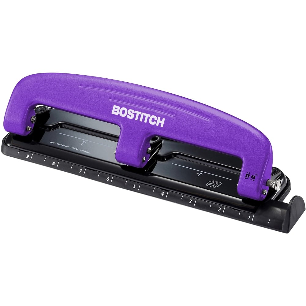 Bostitch EZ Squeeze Three-Hole Punch, 12 Sheet Capacity, Purple MPN:2105