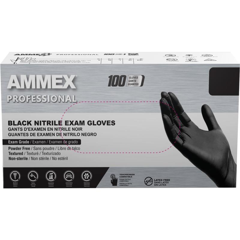 Ammex Professional Powder-Free Exam-Grade Nitrile Gloves, Small, Black, Box Of 100 Gloves (Min Order Qty 10) MPN:ABNPF42100