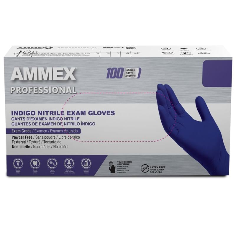 Ammex Professional Indigo Disposable Powder-Free Nitrile Exam Gloves, Medium, Box Of 100 Gloves MPN:AINPF44100
