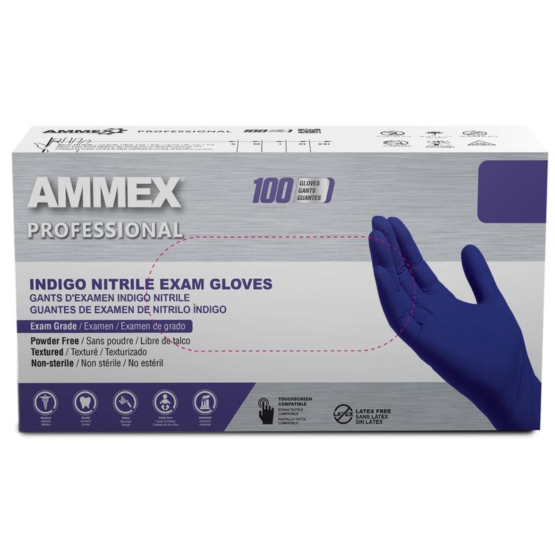 Ammex Professional Indigo Disposable Powder-Free Nitrile Exam Gloves, Large, Box Of 100 Gloves (Min Order Qty 11) MPN:AINPF46100