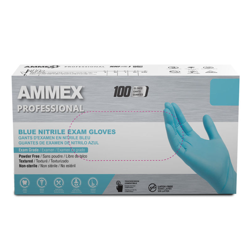Ammex Professional Powder-Free Exam-Grade Nitrile Gloves, Medium, Blue, Box Of 100 Gloves (Min Order Qty 9) MPN:APFN44100-BX