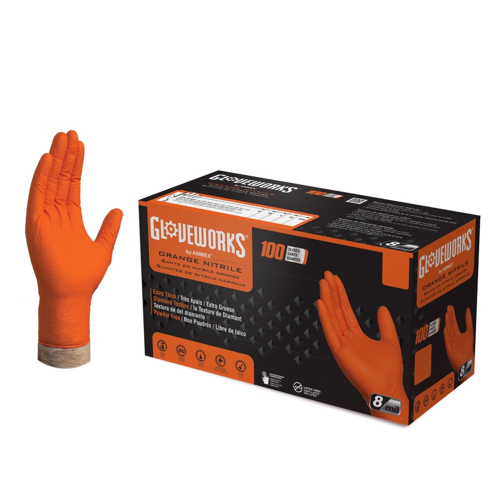Gloveworks GWON Heavy Duty RDT Nitrile Gloves, Extra Large, Orange, 100 Gloves Per Box, Case Of 10 Boxes MPN:GWON48100
