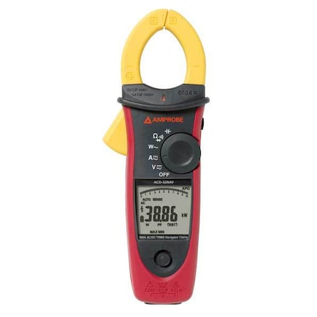 Clamp-On Power Meter, LCD, 600 kW, 600 A, CAT IV Safety Rating, AA Batteries Power Source MPN:ACDC-52NAV