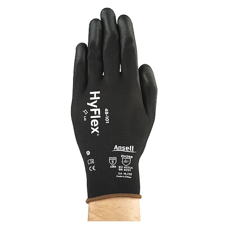 Hyflex Coated Gloves, Polyurethane, Dipped, Palm Coated, ANSI Abrasion Level 3, Black, M, 1 Pair MPN:48-101