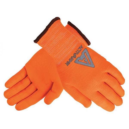 Hi-Vis Cut Resistant Coated Gloves, Cut Level A2, Dipped, Water-Based Polyurethane, Nitrile, Sandy, S MPN:97-013