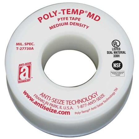 Thread Sealant Tape, Poly-Temp, Medium Density, 1/2 in W x 43 ft L, White MPN:16035