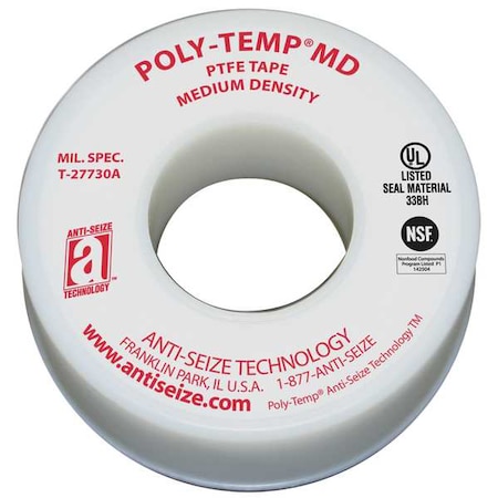 Thread Sealant Tape, Poly-Temp, Medium Density, 3/4 in W x 43 ft L, White MPN:16050A