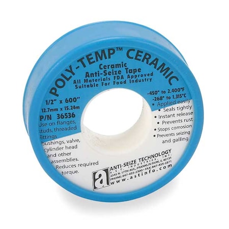 Antiseize Tape, 1/2 In. W, 600 In. L MPN:36536
