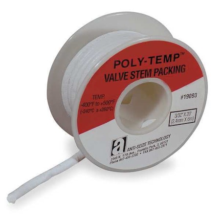 Valve Stem Packing, PTFE, 3/32 in, White MPN:19093