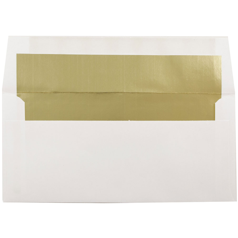 JAM Paper Foil-Lined Envelopes, 3 7/8in x 8 1/8in, Gummed Seal, White/Gold Lining, Pack Of 25 MPN:3243667