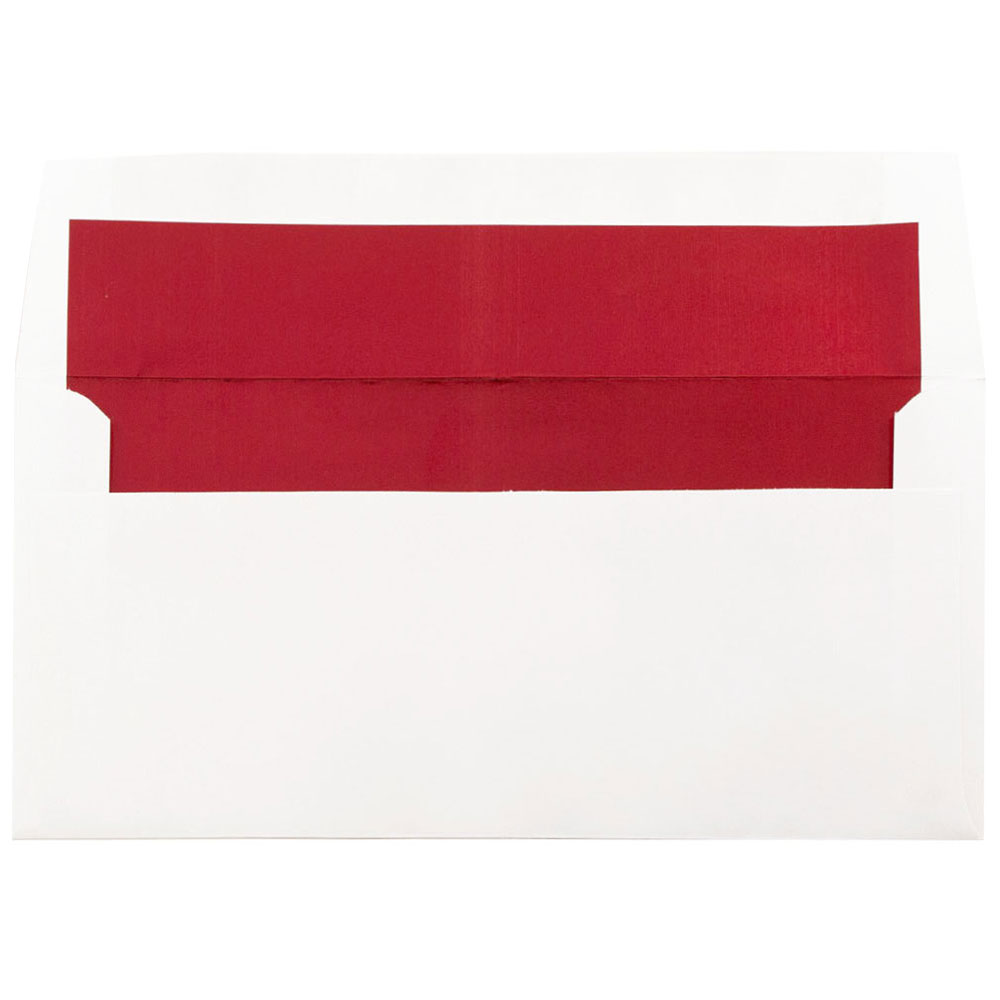 JAM Paper Foil-Lined Envelopes, 3 7/8in x 8 1/8in, Gummed Seal, White with Red Lining, Pack Of 25 MPN:3243677