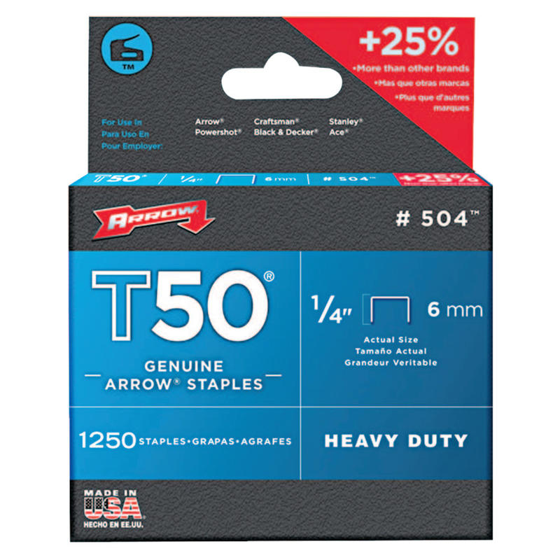 Arrow 50424 T50 Staples, #504, 1/4inL x 3/8inW, Silver, Box Of 1, 250 Staples MPN:50424