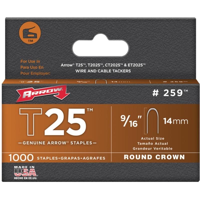 Arrow T25 Round Crown Staples, 9/16in, Pack Of 1, 000 Staples MPN:259