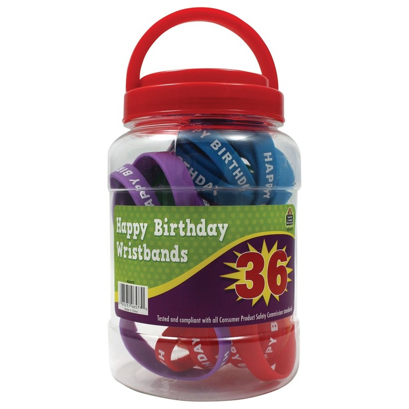 Teacher Created Resources Wristbands, Happy Birthday, 7 1/4in, Assorted Colors, Pre-K - Grade 12, Jar Of 36 MPN:TCR6577