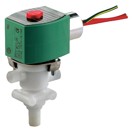 Solenoid Valve, 3-Way, 2-Position, Universal, 1/4 in Pipe Size, 120V AC, General Service, Plastic MPN:8360G071