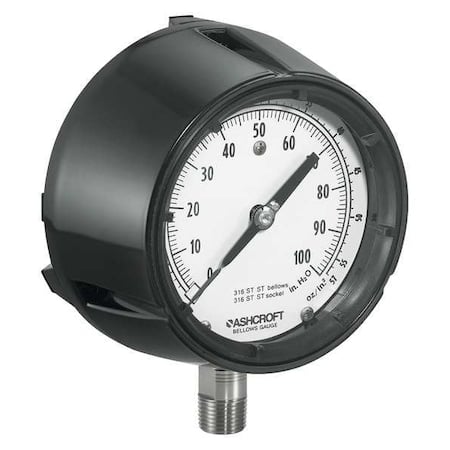 Low Pressure Gauge, 0 to 100 psi, 4 1/2 in Dial, 1/4 in NPT, Bottom Location, Phenolic Case Material MPN:1188A